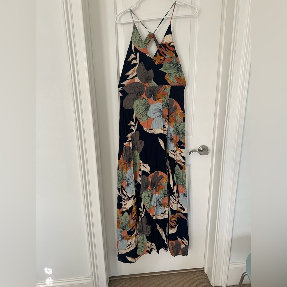 Tropical Print Navy Open Back Thigh Slit Maxi Dress Size Large - Picture 4 of 8